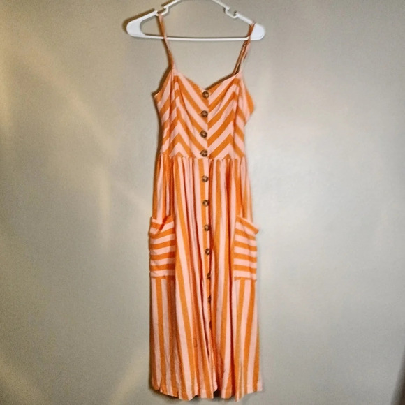 UO Cooperative Emilia Linen Button Down Midi Dress Orange Medium - Picture 2 of 12